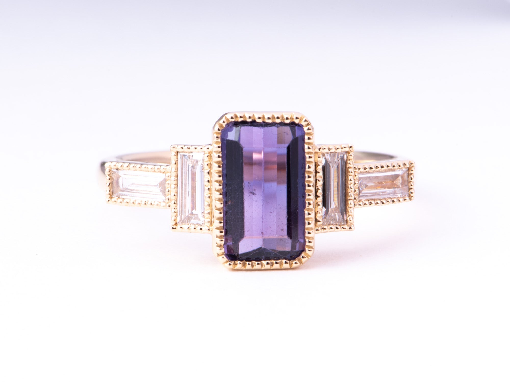 1.68ct Pinkish Purple Bi-Color Natural Sapphire with Baguette Diamond Sides Engagement Ring 14K Gold R6773 Aurora Designer