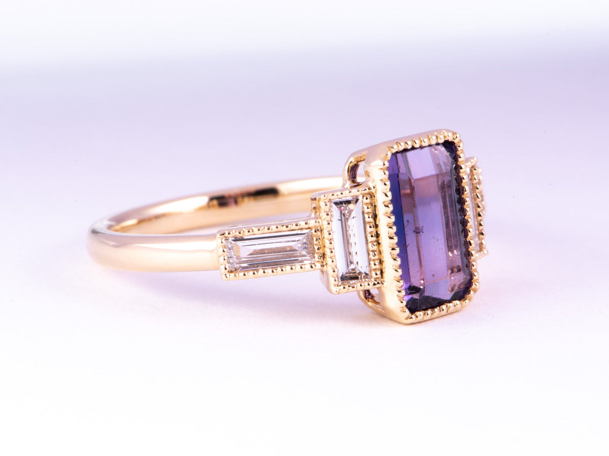 1.68ct Pinkish Purple Bi-Color Natural Sapphire with Baguette Diamond Sides Engagement Ring 14K Gold R6773 Aurora Designer