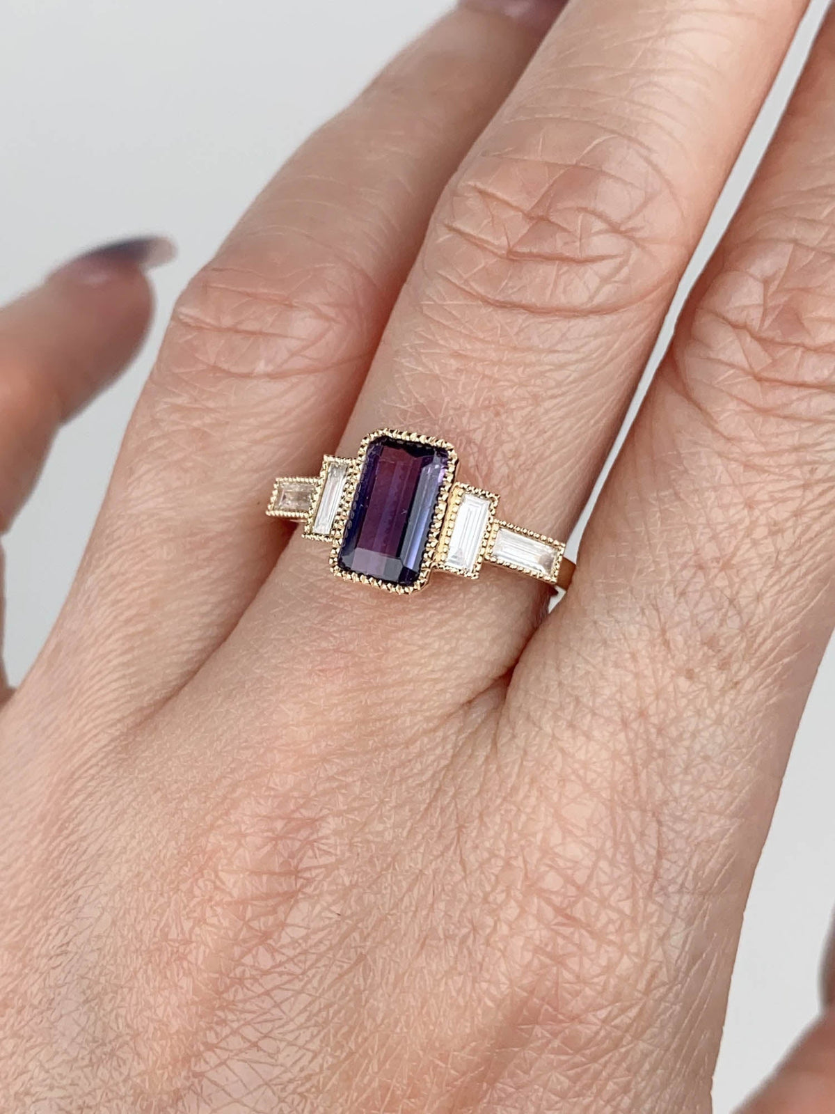 1.68ct Pinkish Purple Bi-Color Natural Sapphire with Baguette Diamond Sides Engagement Ring 14K Gold R6773 Aurora Designer