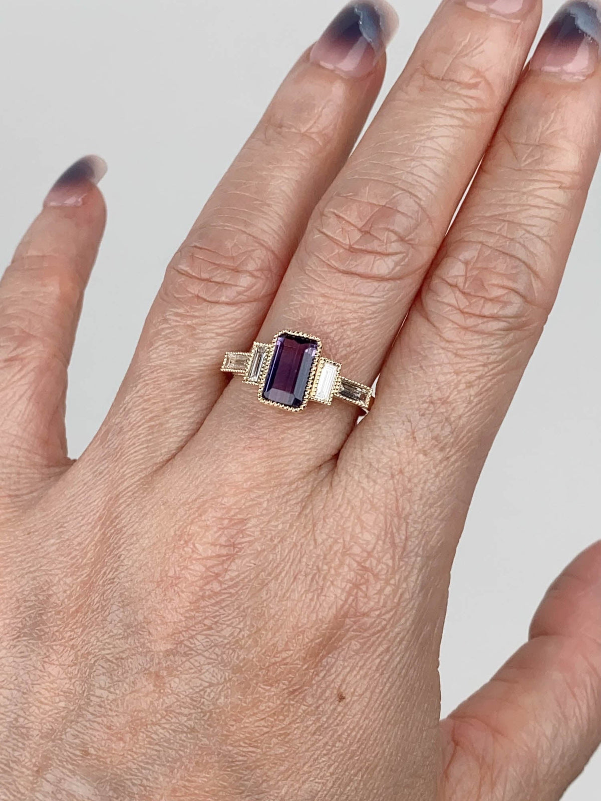 1.68ct Pinkish Purple Bi-Color Natural Sapphire with Baguette Diamond Sides Engagement Ring 14K Gold R6773 Aurora Designer