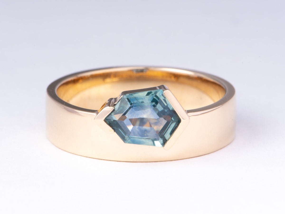 1.13ct Hexagon Montana Sapphire Half Bezel Set on Wide Band 14K Gold Engagement Ring R6775 Aurora Designer