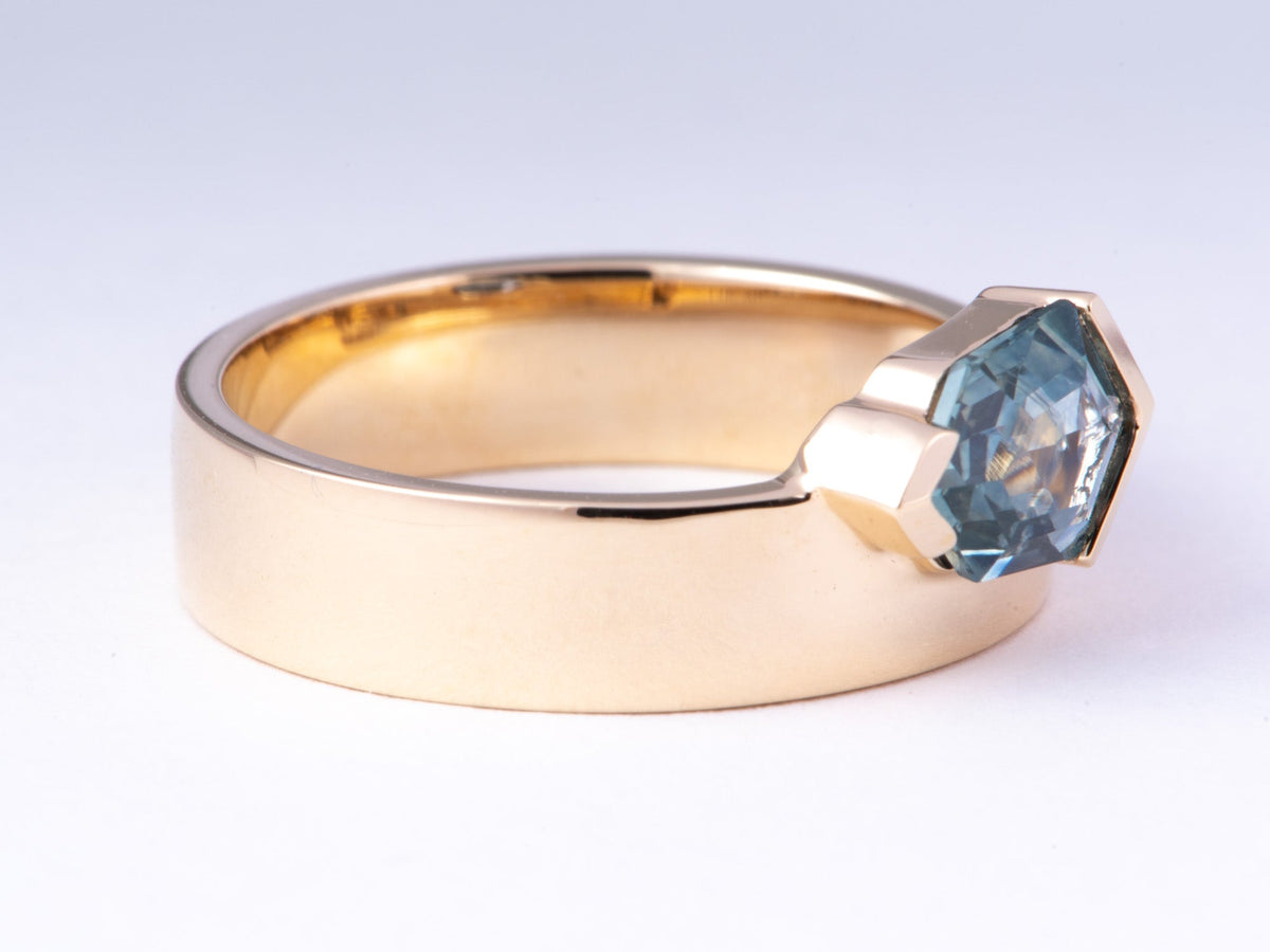 1.13ct Hexagon Montana Sapphire Half Bezel Set on Wide Band 14K Gold Engagement Ring R6775 Aurora Designer