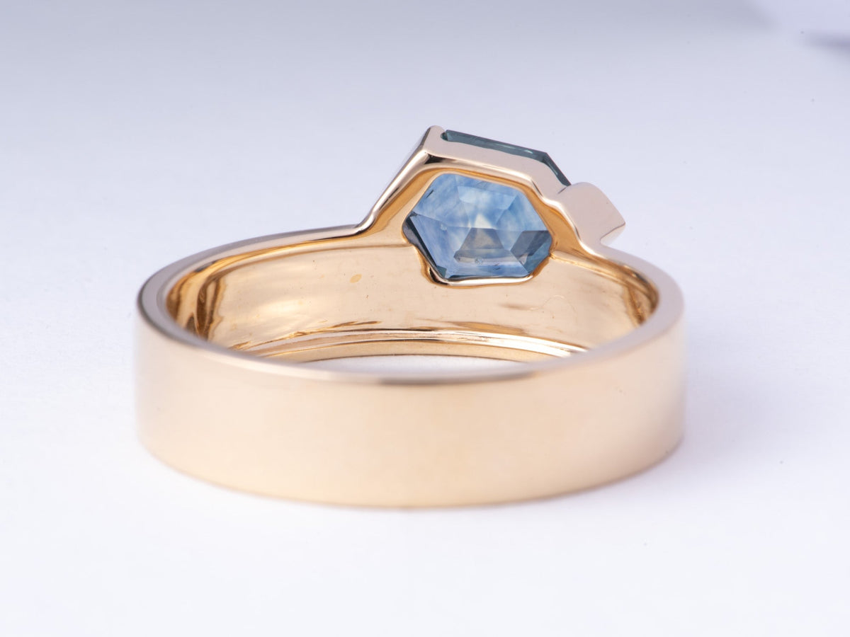 1.13ct Hexagon Montana Sapphire Half Bezel Set on Wide Band 14K Gold Engagement Ring R6775 Aurora Designer