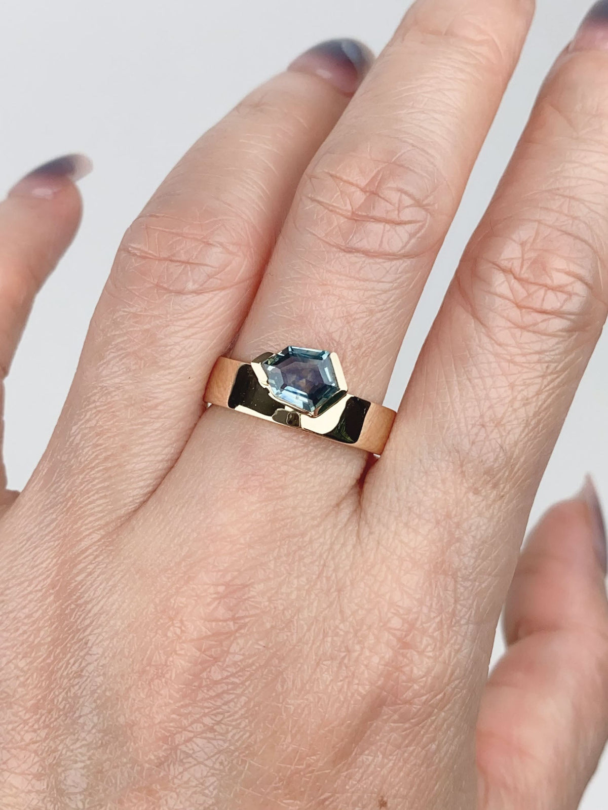 1.13ct Hexagon Montana Sapphire Half Bezel Set on Wide Band 14K Gold Engagement Ring R6775 Aurora Designer