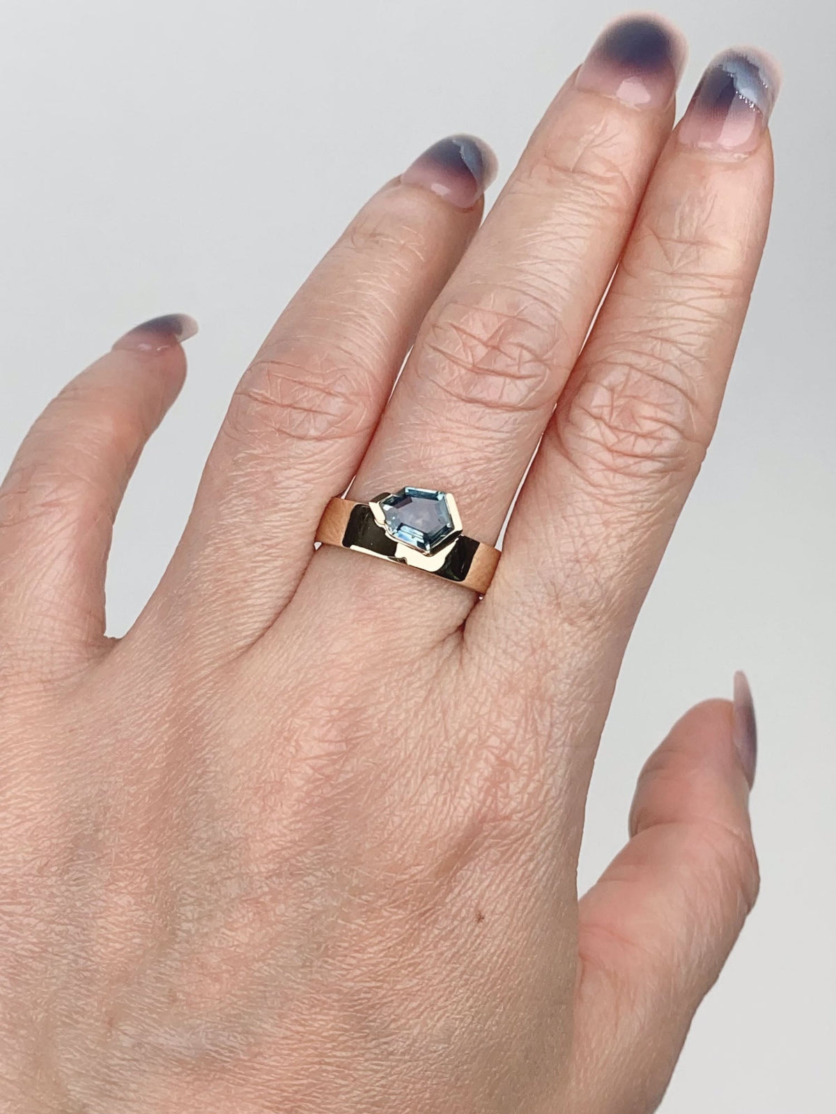 1.13ct Hexagon Montana Sapphire Half Bezel Set on Wide Band 14K Gold Engagement Ring R6775 Aurora Designer