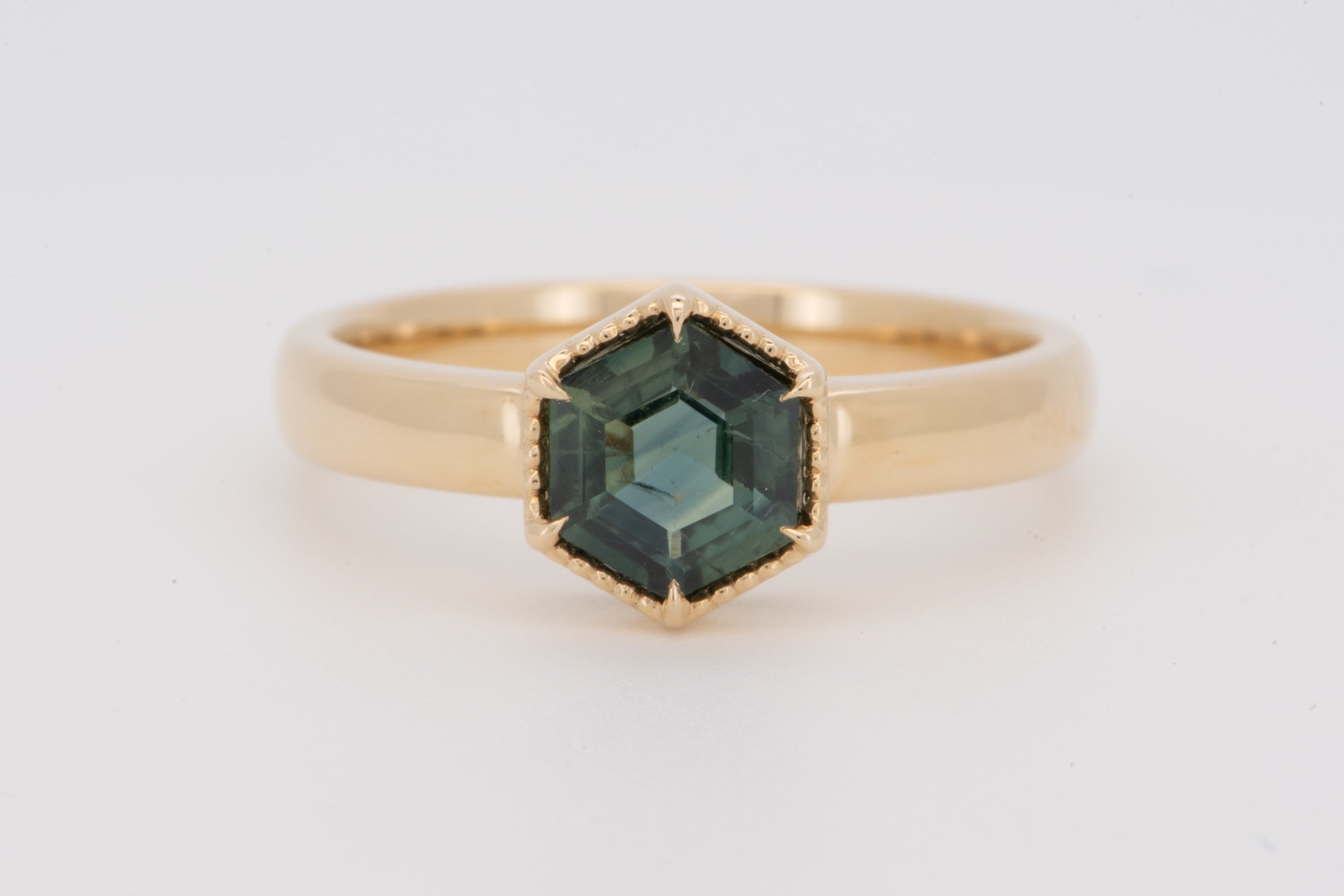 1.28ct Hexagon Sapphire 14K Gold Engagement Ring with Wide Band R6778