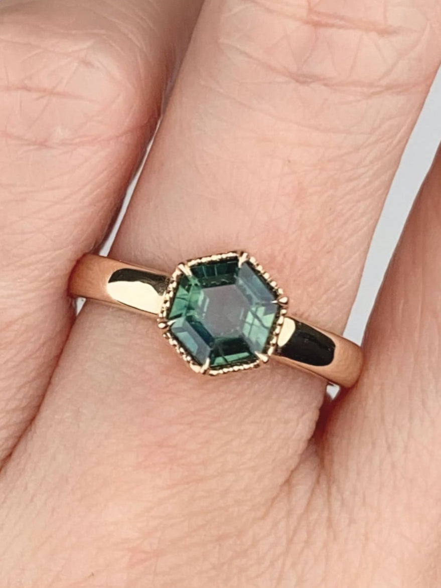 1.28ct Hexagon Sapphire 14K Gold Engagement Ring with Wide Band R6778 Aurora Designer