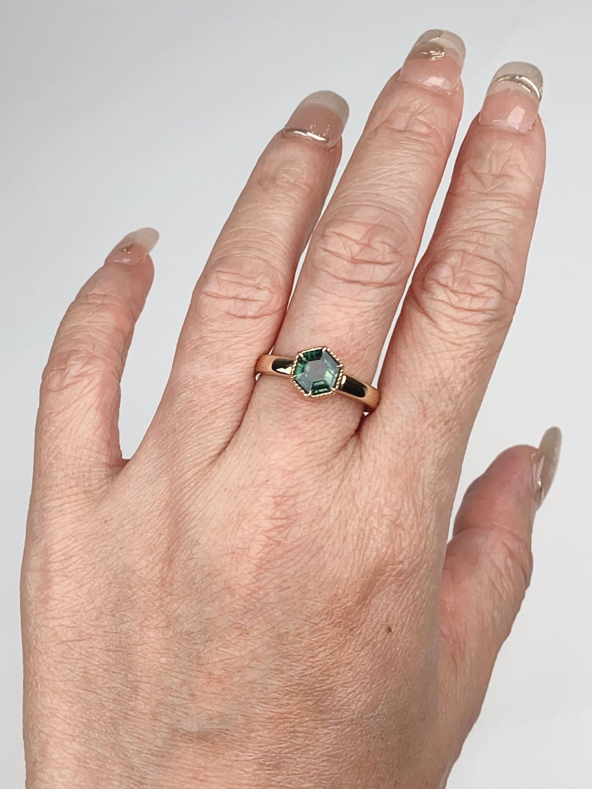 1.28ct Hexagon Sapphire 14K Gold Engagement Ring with Wide Band R6778 Aurora Designer