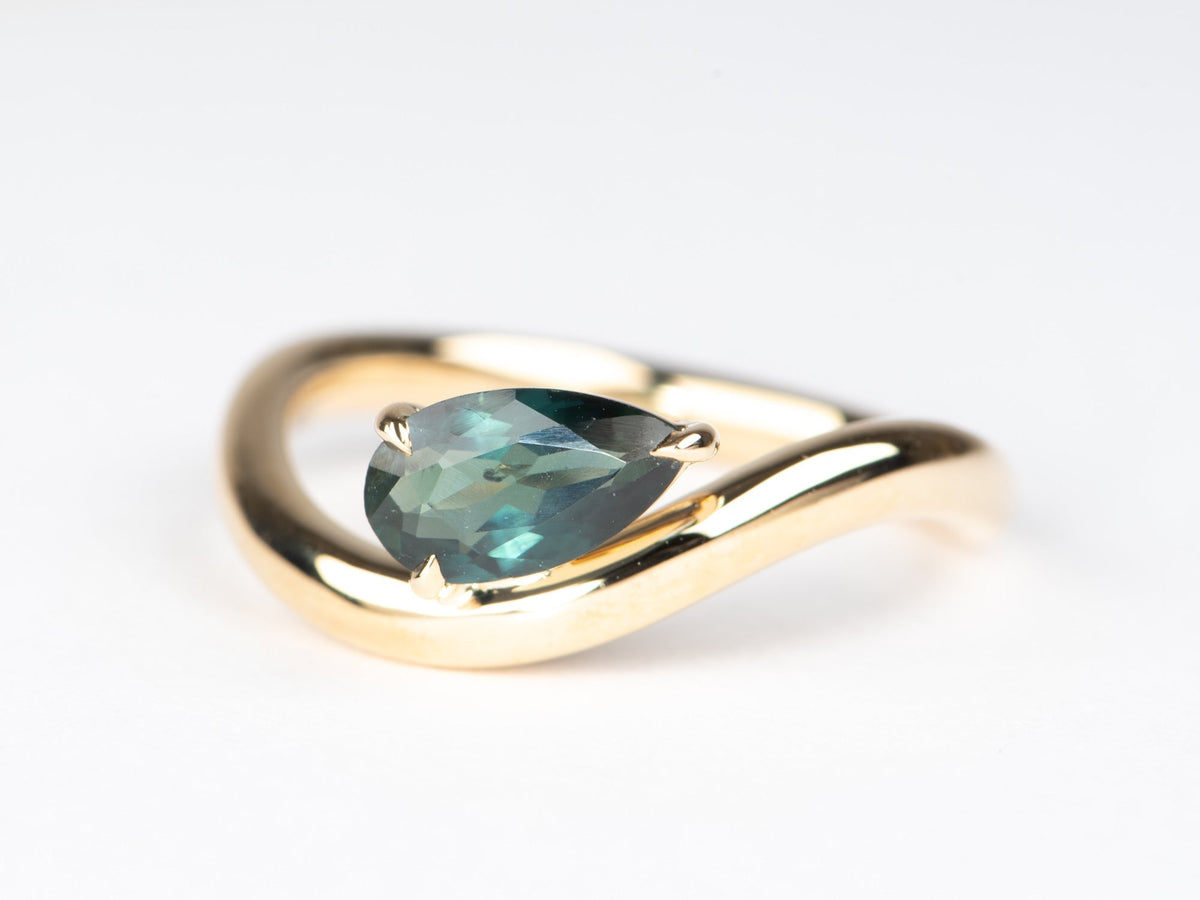 1.14ct Teal Sapphire Wave Engagement Ring 14K Gold Organic Flowy Shape Nature Lover Sea-Inspired R6782 Aurora Designer