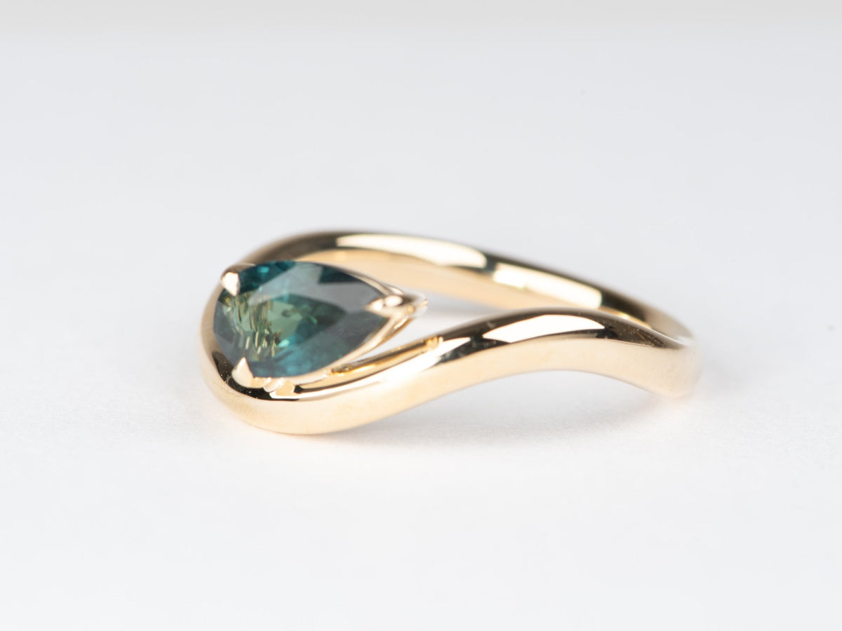 1.14ct Teal Sapphire Wave Engagement Ring 14K Gold Organic Flowy Shape Nature Lover Sea-Inspired R6782 Aurora Designer