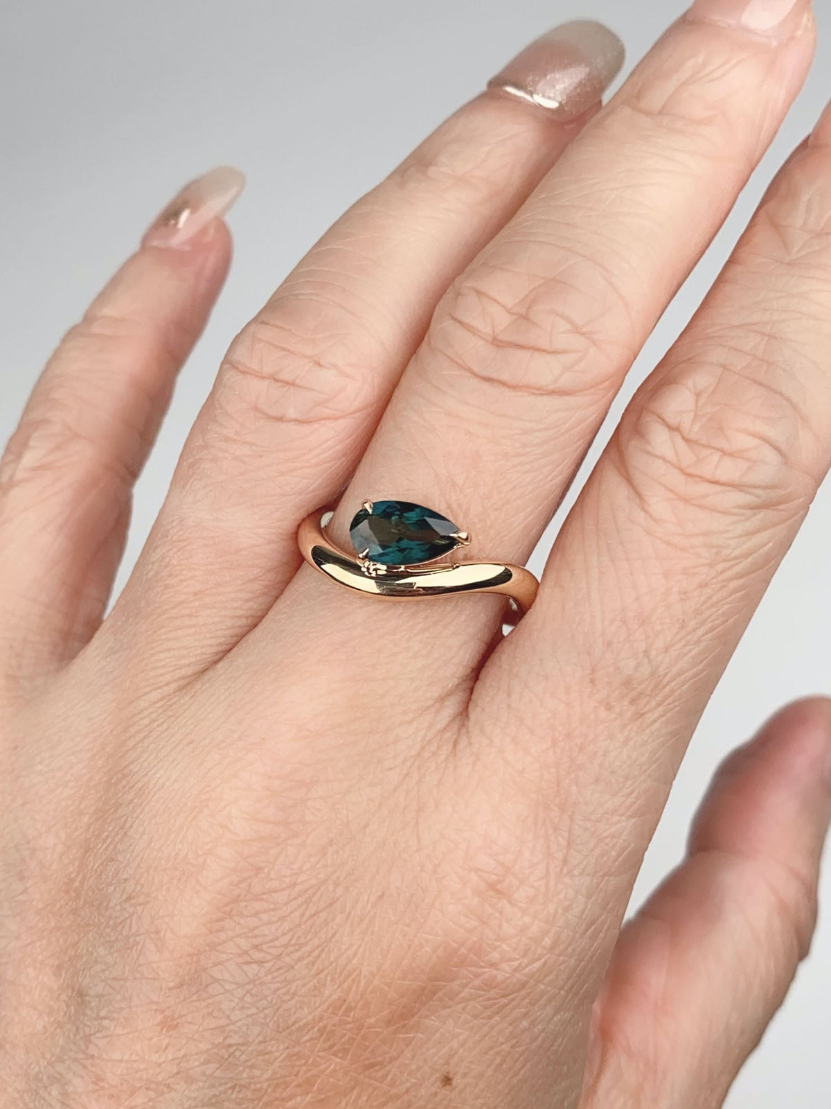 1.14ct Teal Sapphire Wave Engagement Ring 14K Gold Organic Flowy Shape Nature Lover Sea-Inspired R6782 Aurora Designer