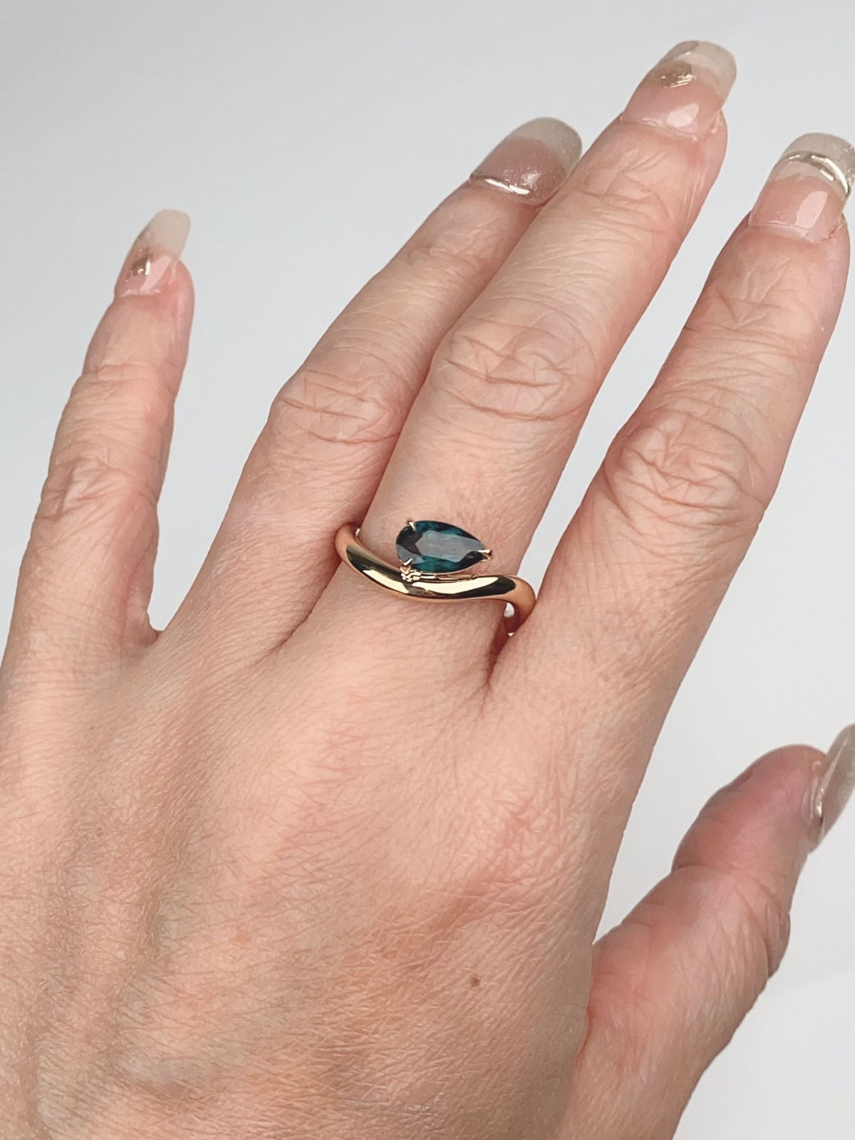 1.14ct Teal Sapphire Wave Engagement Ring 14K Gold Organic Flowy Shape Nature Lover Sea-Inspired R6782 Aurora Designer