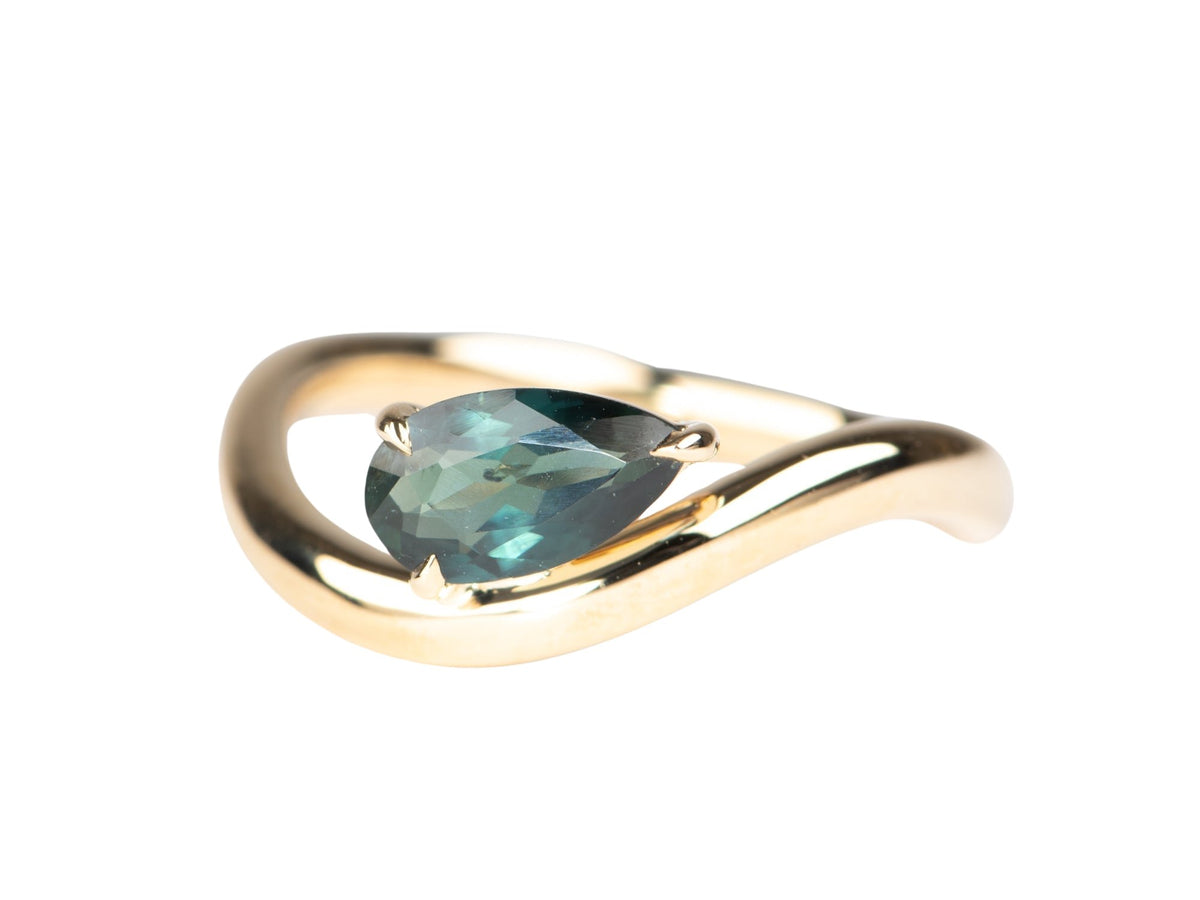 1.14ct Teal Sapphire Wave Engagement Ring 14K Gold Organic Flowy Shape Nature Lover Sea-Inspired R6782 Aurora Designer