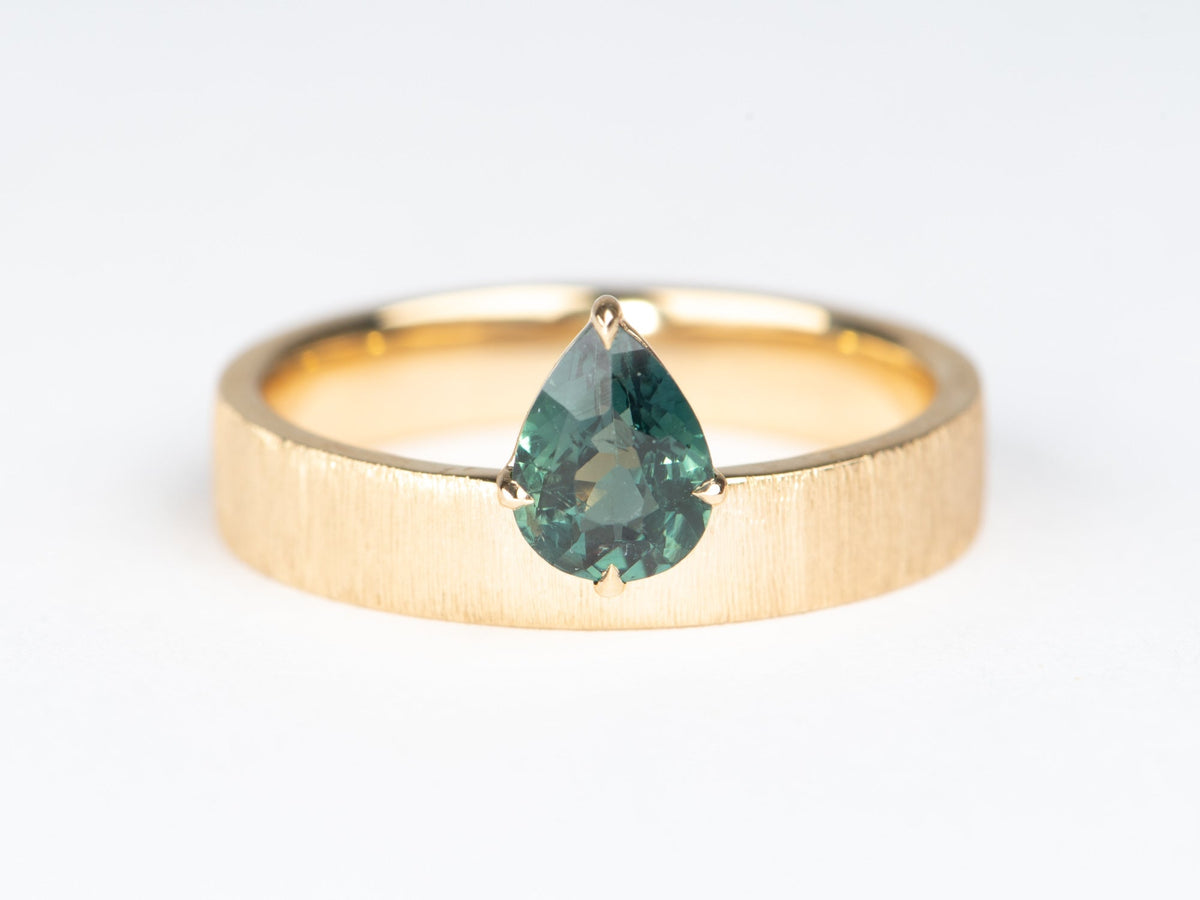 Teal Sapphire on Wide Band 14K Gold Engagement Ring Hand Brushed Finish R6785 Aurora Designer