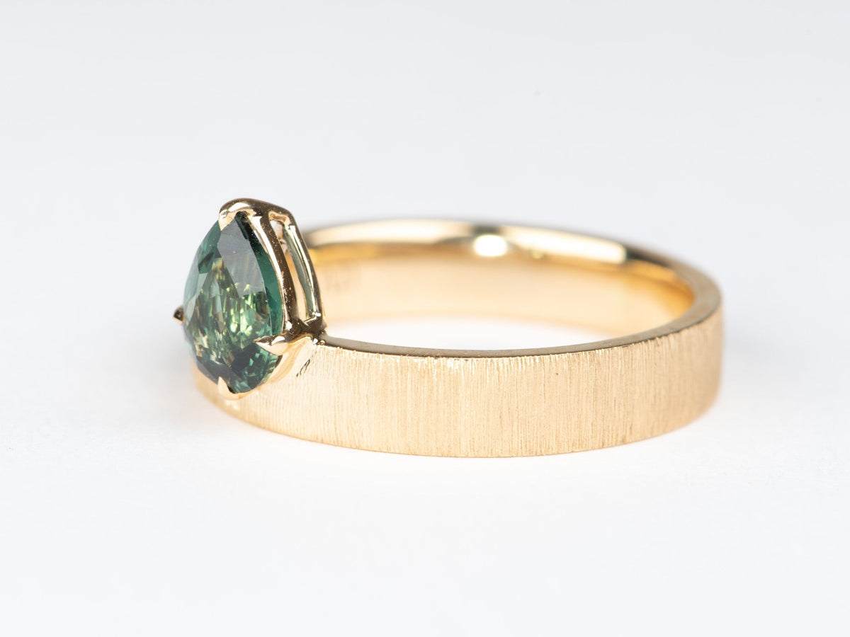 Teal Sapphire on Wide Band 14K Gold Engagement Ring Hand Brushed Finish R6785 Aurora Designer