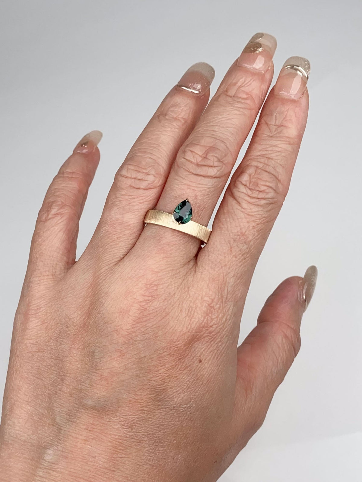 Teal Sapphire on Wide Band 14K Gold Engagement Ring Hand Brushed Finish R6785 Aurora Designer