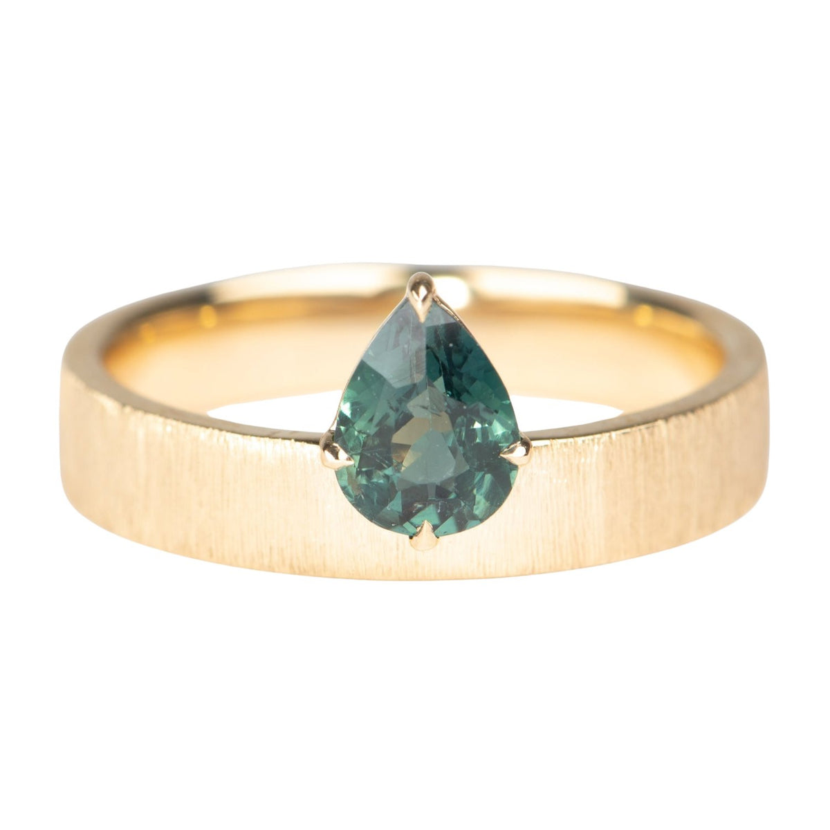 Teal Sapphire on Wide Band 14K Gold Engagement Ring Hand Brushed Finish R6785 Aurora Designer
