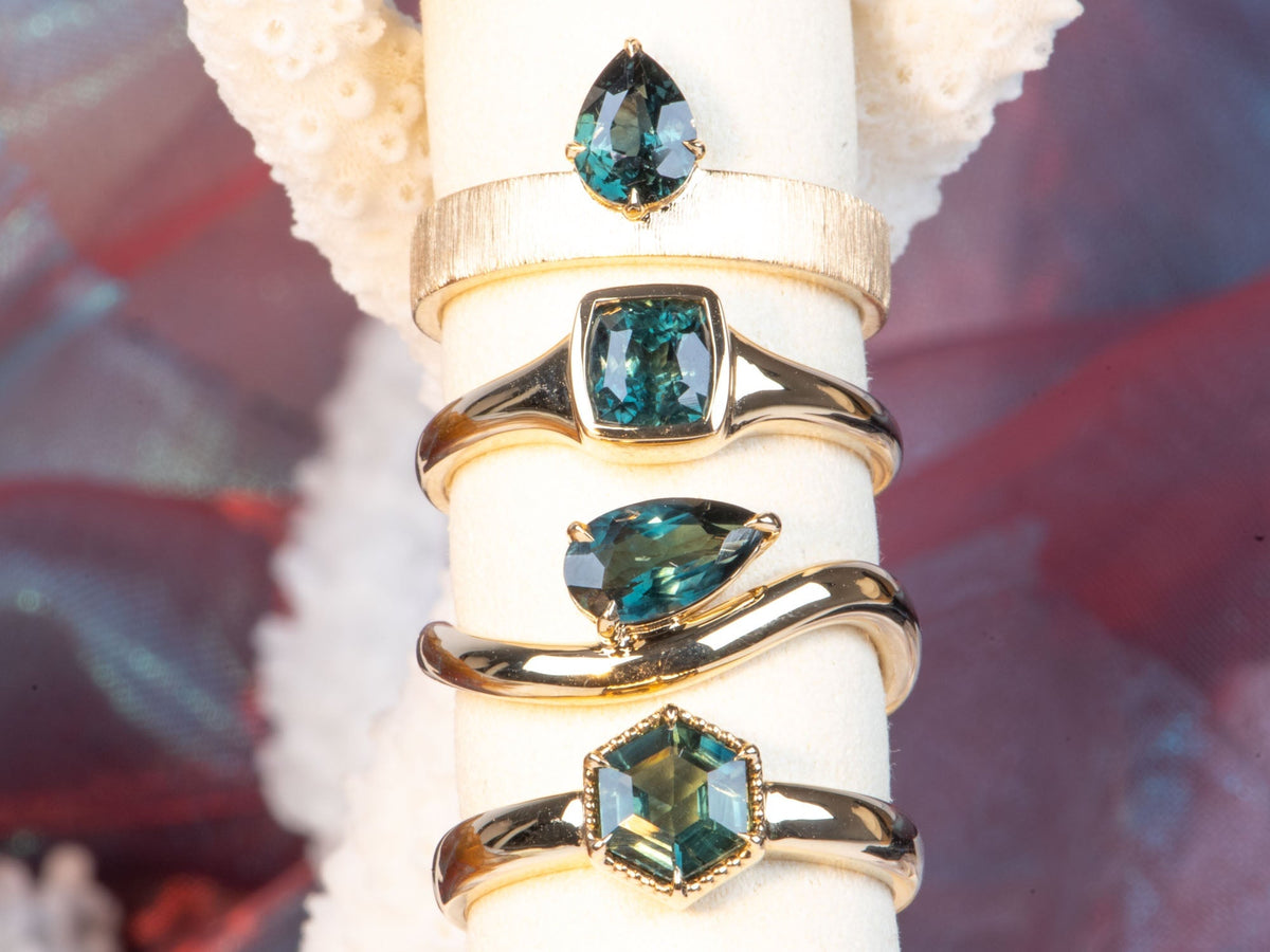 1.14ct Teal Sapphire Wave Engagement Ring 14K Gold Organic Flowy Shape Nature Lover Sea-Inspired R6782 Aurora Designer