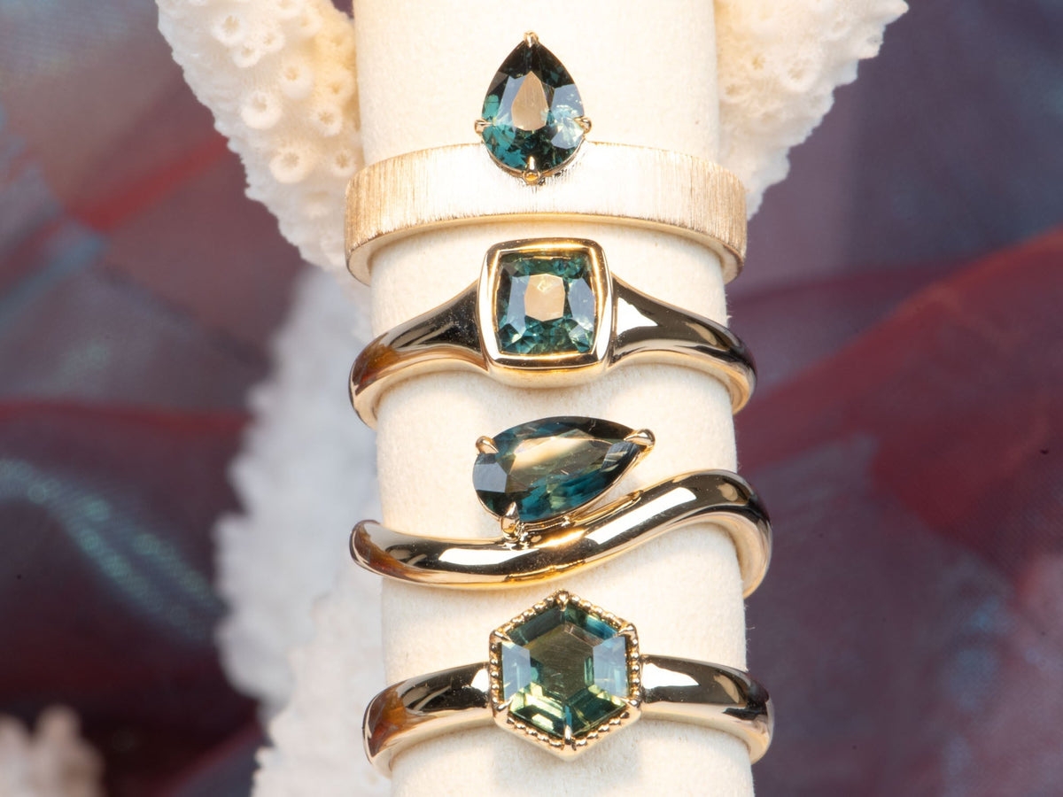 Teal Sapphire on Wide Band 14K Gold Engagement Ring Hand Brushed Finish R6785 Aurora Designer