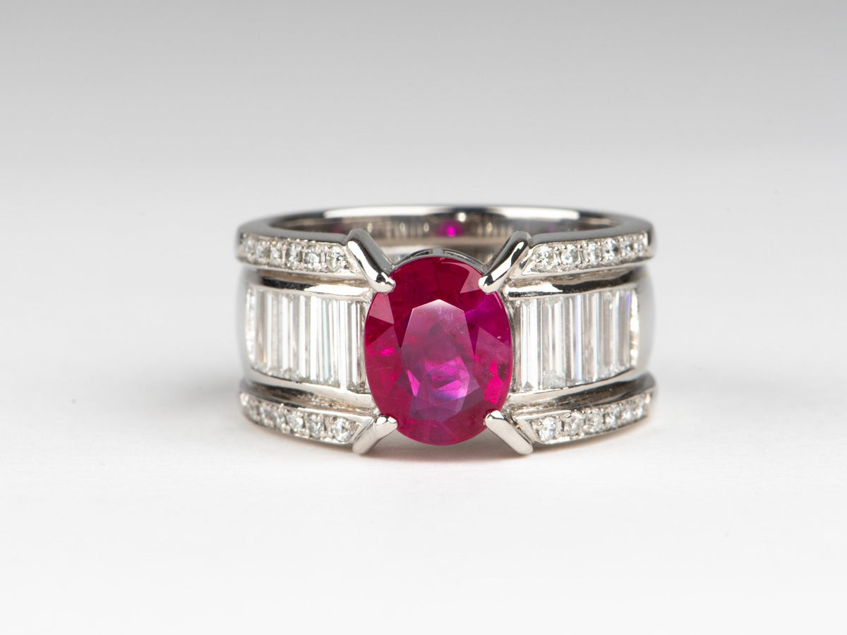 Heavy Platinum Ring 1.77ct Ruby on Stunning Baguette Diamond Band 12.6g R6786 Aurora Designer