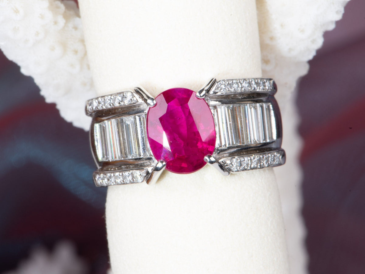 Heavy Platinum Ring 1.77ct Ruby on Stunning Baguette Diamond Band 12.6g R6786 Aurora Designer