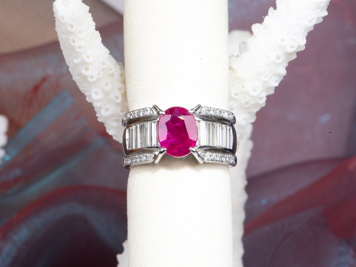Heavy Platinum Ring 1.77ct Ruby on Stunning Baguette Diamond Band 12.6g R6786 Aurora Designer