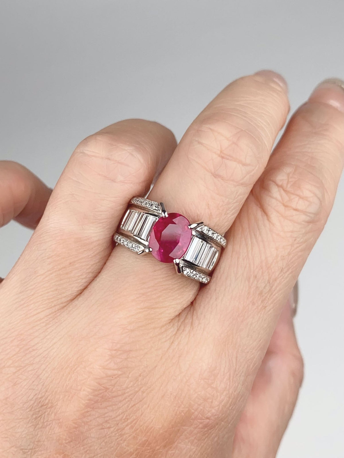 Heavy Platinum Ring 1.77ct Ruby on Stunning Baguette Diamond Band 12.6g R6786 Aurora Designer
