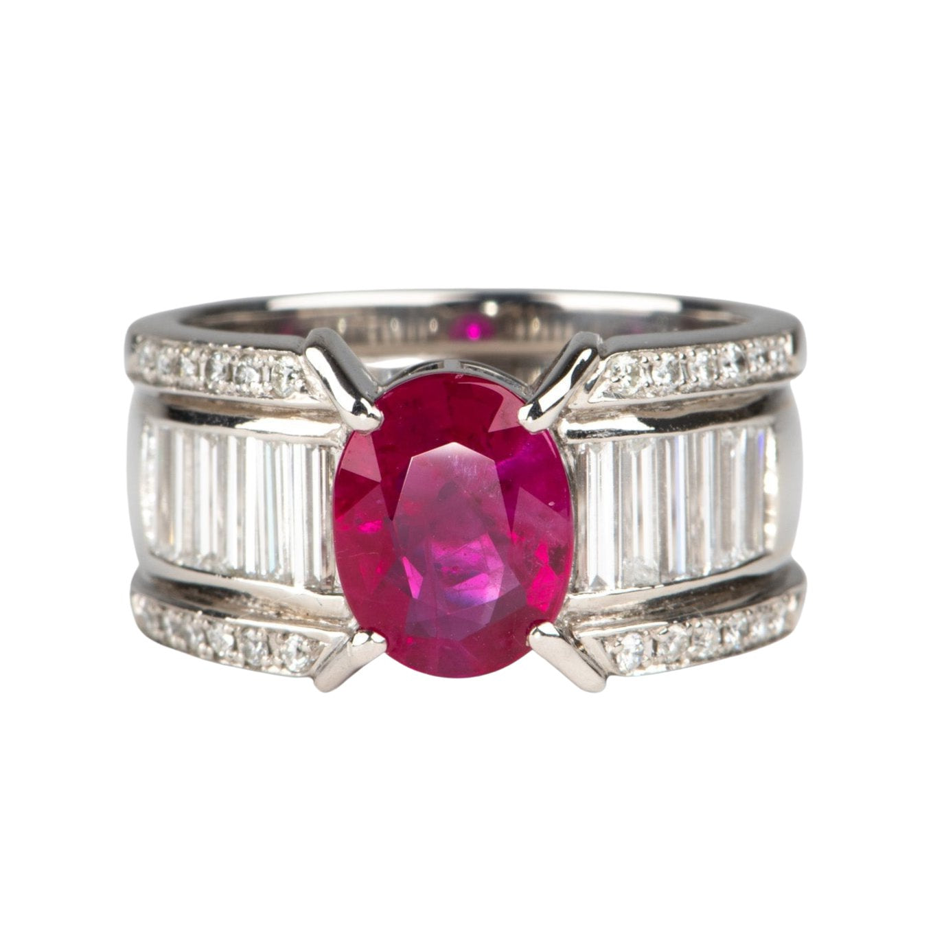 Heavy Platinum Ring 1.77ct Ruby on Stunning Baguette Diamond Band 12.6g R6786 Aurora Designer