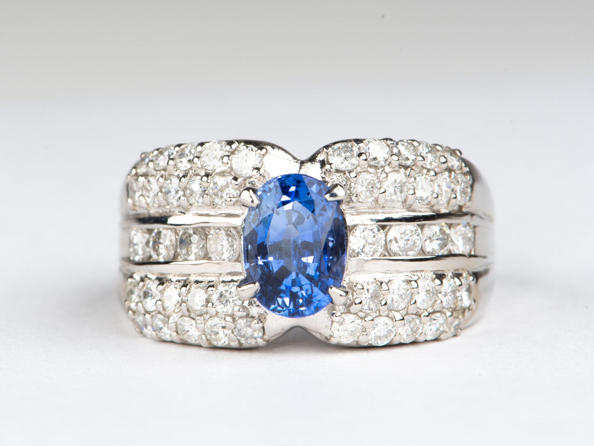 1.53ct Sapphire on Wide Diamond Band Platinum Engagement Ring PT900 Heavy 11.4g R6787 Aurora Designer