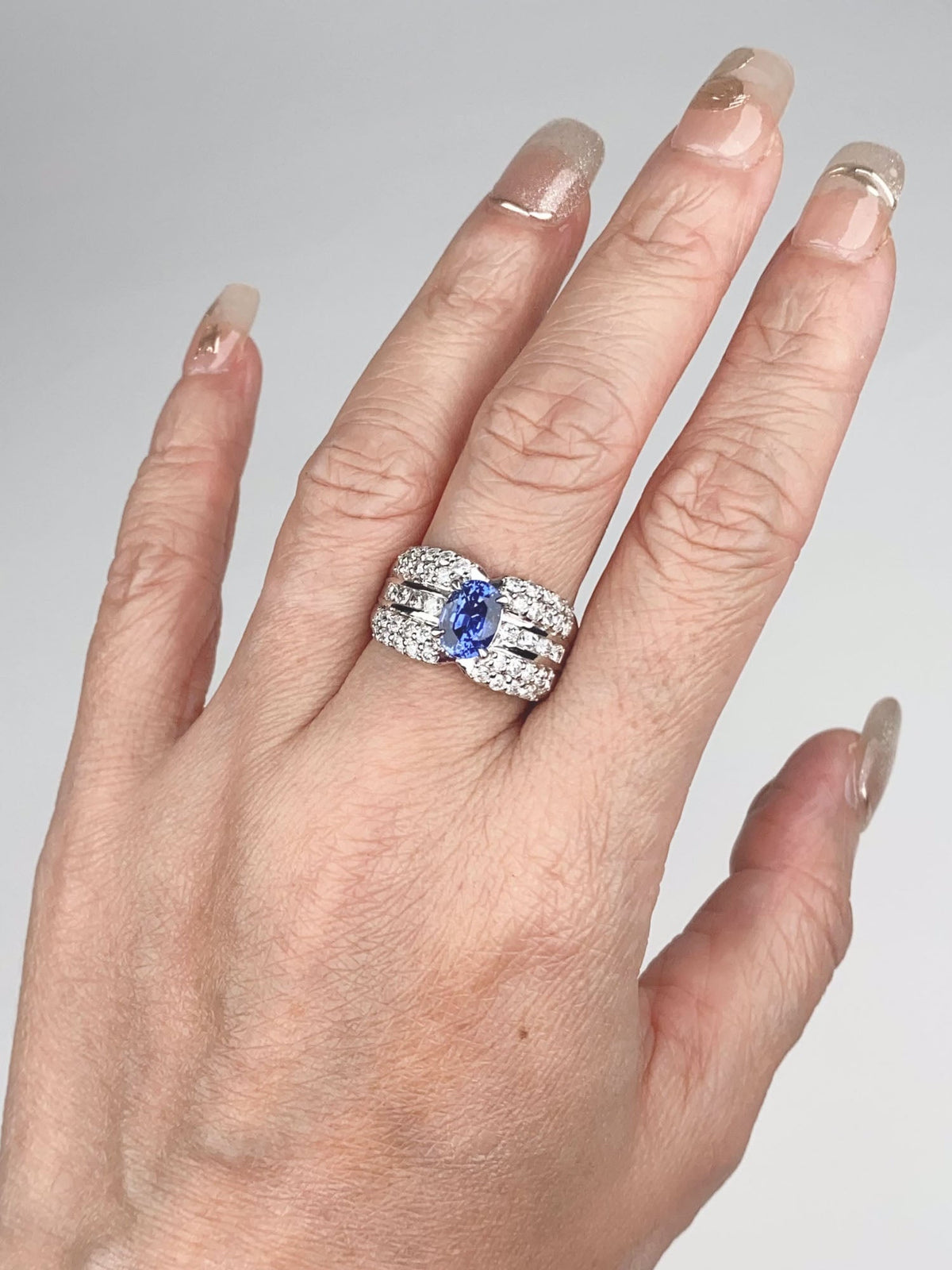 1.53ct Sapphire on Wide Diamond Band Platinum Engagement Ring PT900 Heavy 11.4g R6787 Aurora Designer