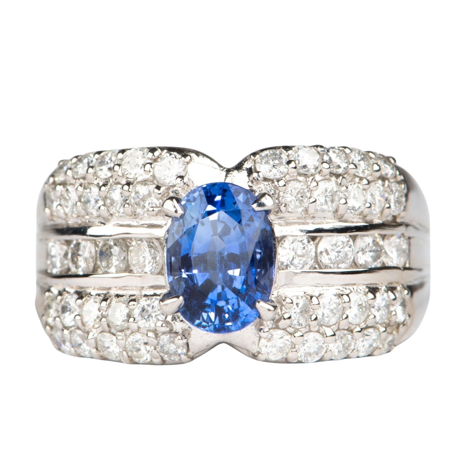 1.53ct Sapphire on Wide Diamond Band Platinum Engagement Ring PT900 Heavy 11.4g R6787 Aurora Designer