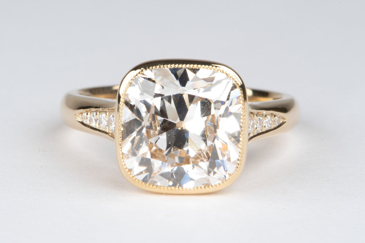 5.34ct Old European Cushion Cut Lab Diamond in Milgrain Bezel Set Engagement Ring 14K Gold IGI Certified R6788 Aurora Designer