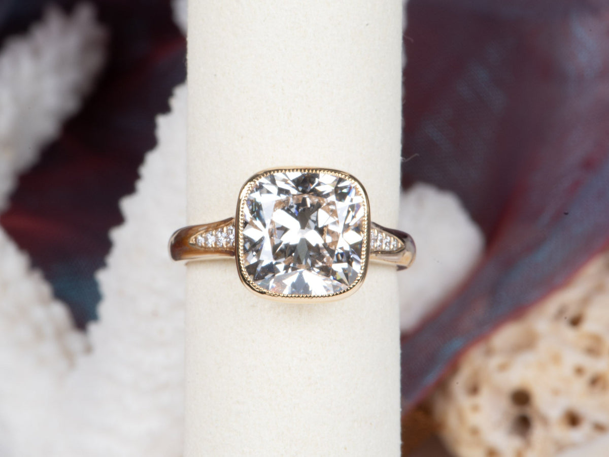 5.34ct Old European Cushion Cut Lab Diamond in Milgrain Bezel Set Engagement Ring 14K Gold IGI Certified R6788 Aurora Designer