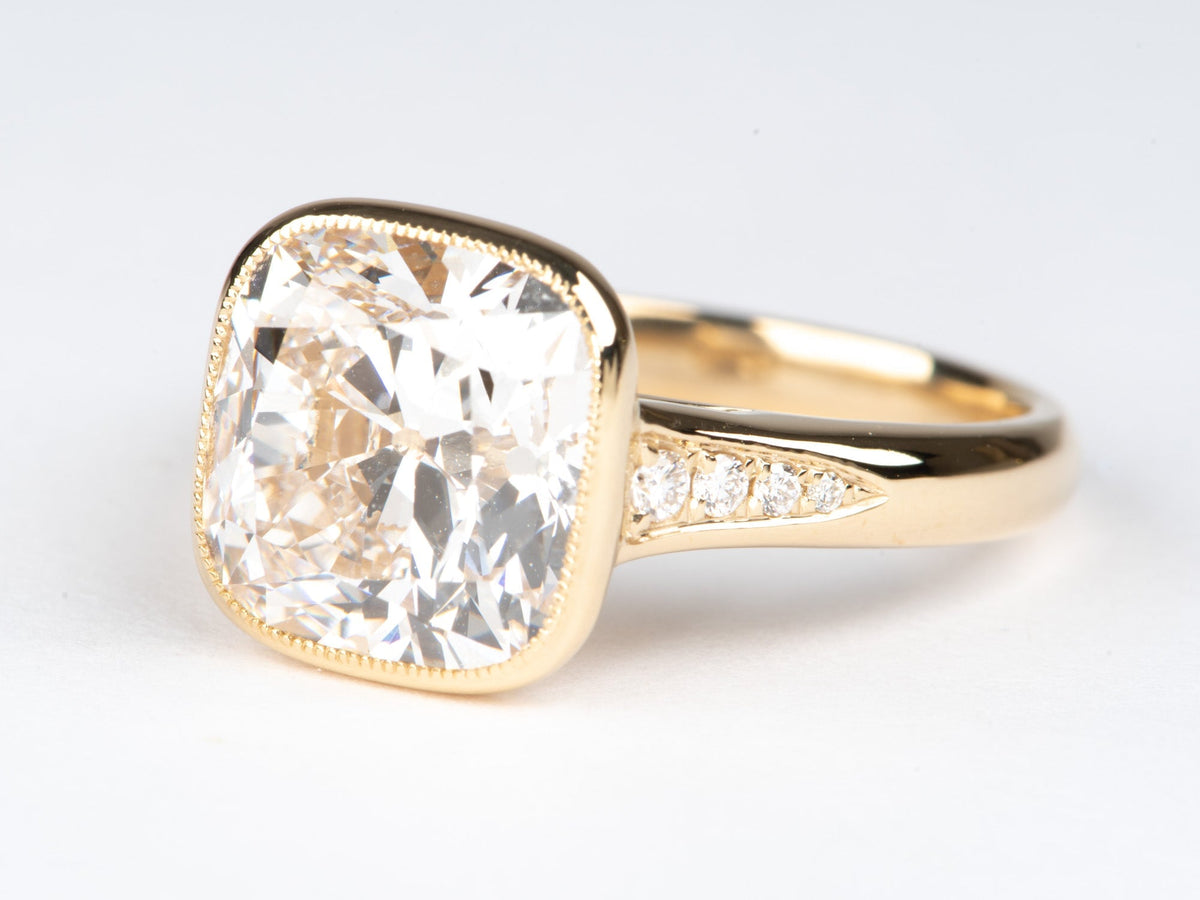 5.34ct Old European Cushion Cut Lab Diamond in Milgrain Bezel Set Engagement Ring 14K Gold IGI Certified R6788 Aurora Designer