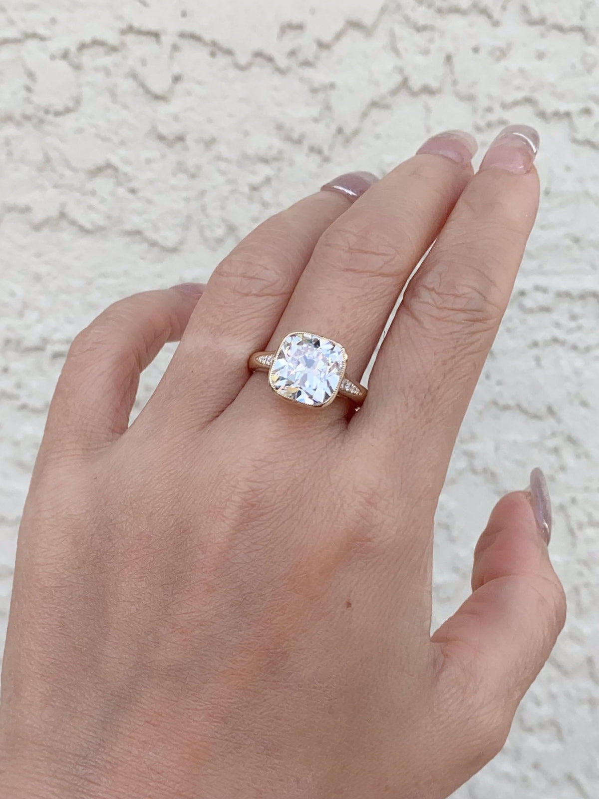 5.34ct Old European Cushion Cut Lab Diamond in Milgrain Bezel Set Engagement Ring 14K Gold IGI Certified R6788 Aurora Designer