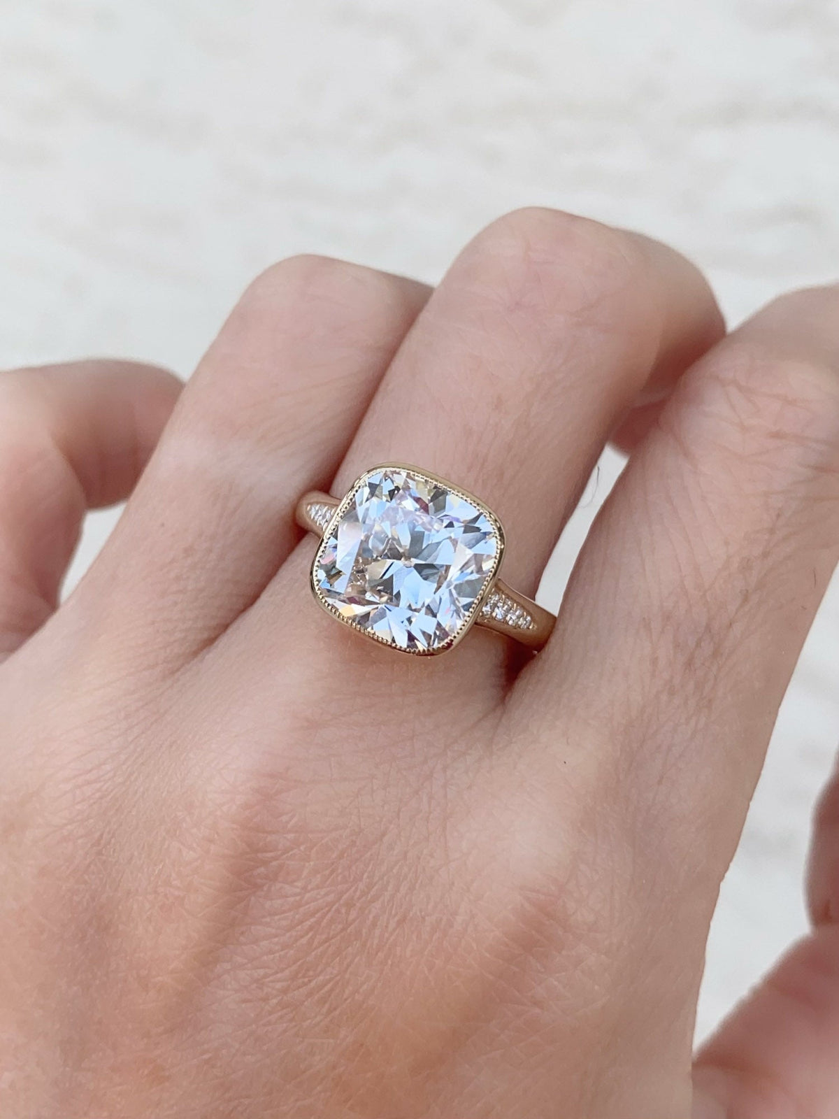 5.34ct Old European Cushion Cut Lab Diamond in Milgrain Bezel Set Engagement Ring 14K Gold IGI Certified R6788 Aurora Designer