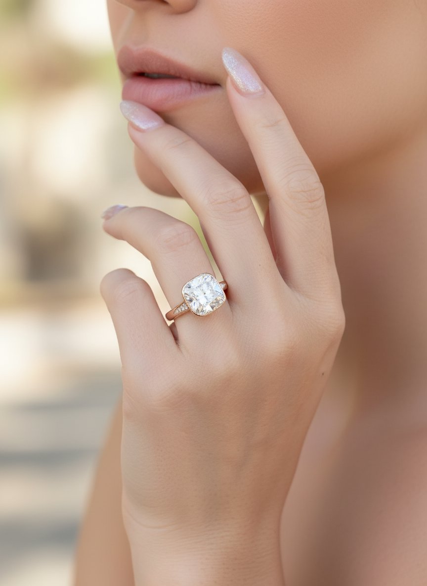 5.34ct Old European Cushion Cut Lab Diamond in Milgrain Bezel Set Engagement Ring 14K Gold IGI Certified R6788 Aurora Designer