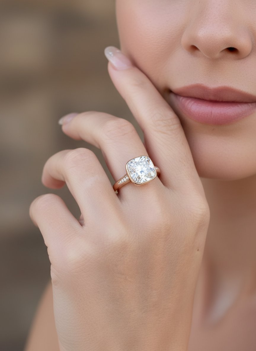 5.34ct Old European Cushion Cut Lab Diamond in Milgrain Bezel Set Engagement Ring 14K Gold IGI Certified R6788 Aurora Designer