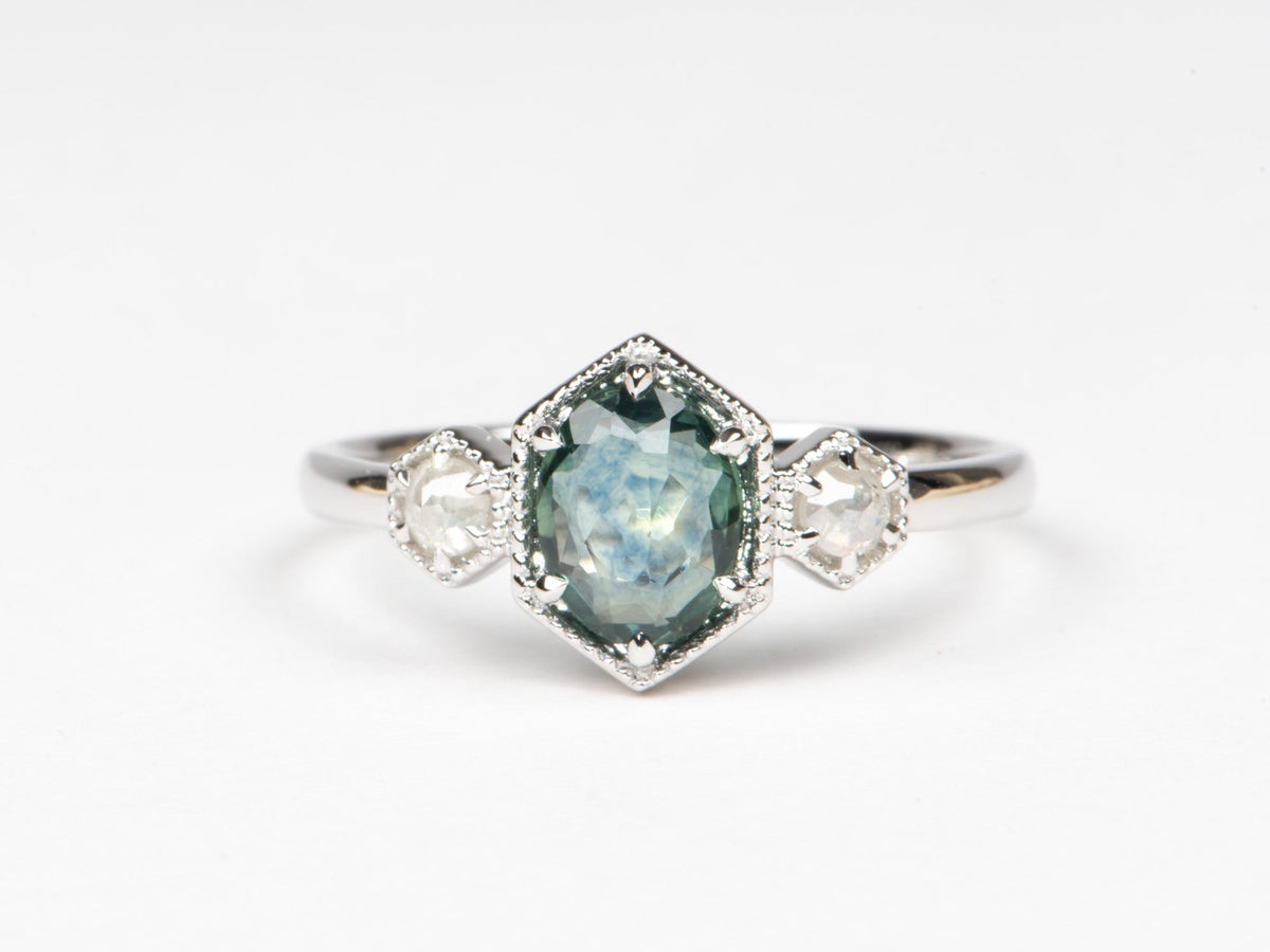 1.07ct Montana Sapphire and Natural Diamond Three-Stone Engagement Ring 14K White Gold R6791 Aurora Designer