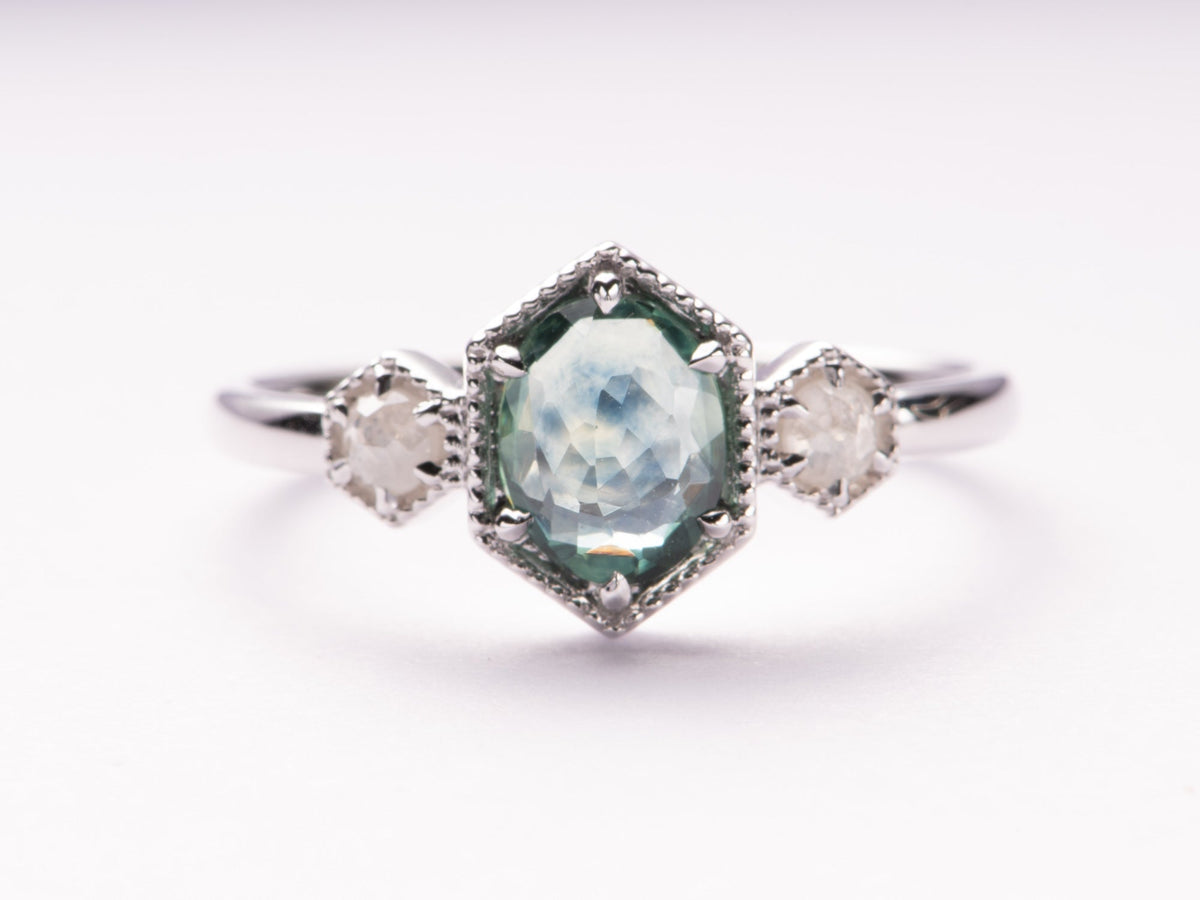 1.07ct Montana Sapphire and Natural Diamond Three-Stone Engagement Ring 14K White Gold R6791 Aurora Designer