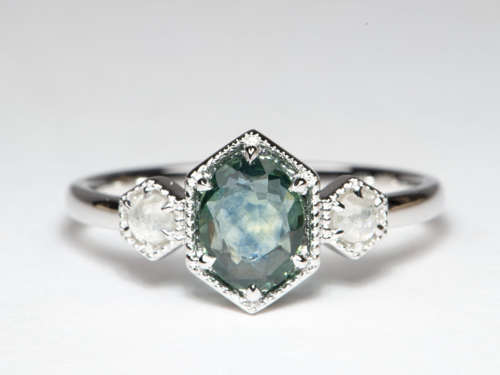 1.07ct Montana Sapphire and Natural Diamond Three-Stone Engagement Ring 14K White Gold R6791 Aurora Designer