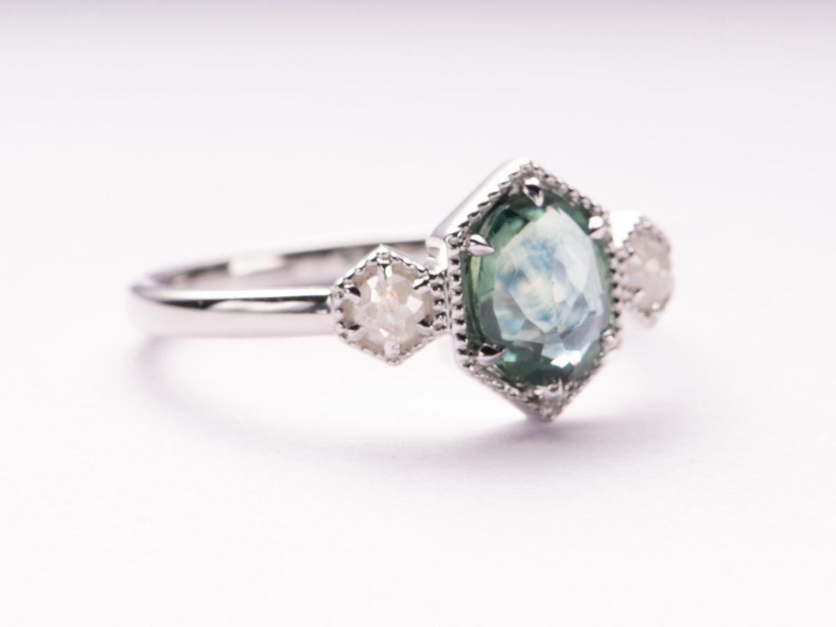 1.07ct Montana Sapphire and Natural Diamond Three-Stone Engagement Ring 14K White Gold R6791 Aurora Designer