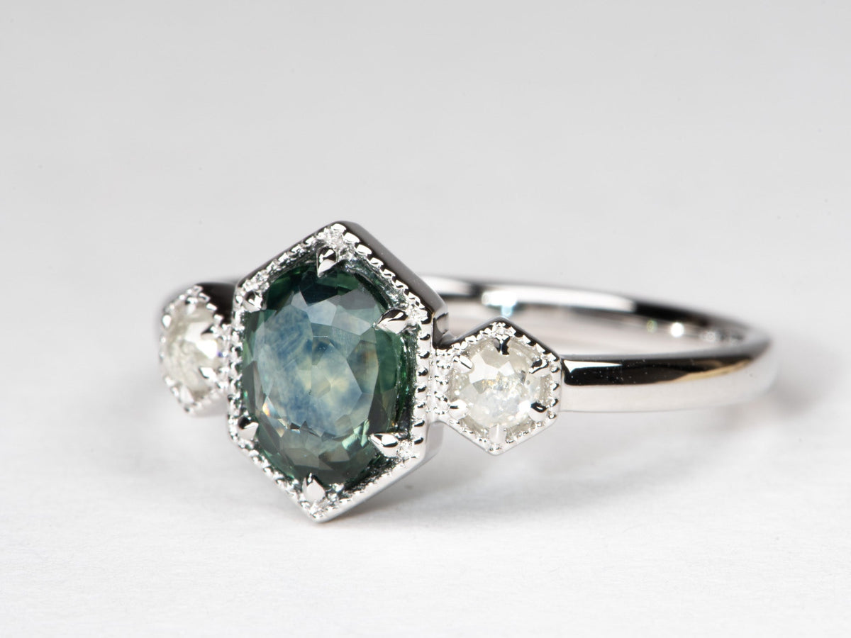 1.07ct Montana Sapphire and Natural Diamond Three-Stone Engagement Ring 14K White Gold R6791 Aurora Designer