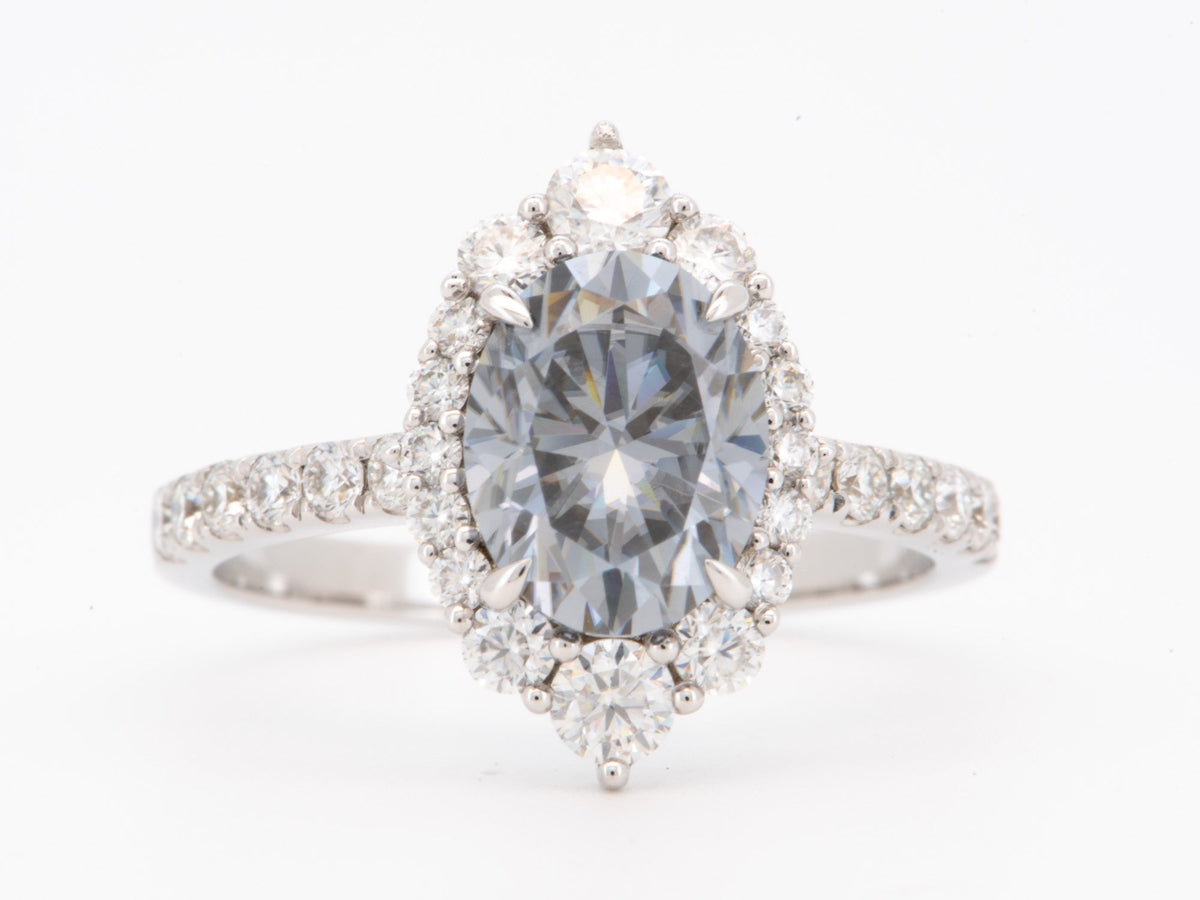 2.09ct Bluish Gray Moissanite Ring with Halo Engagement Ring 14K White Gold R6793 Aurora Designer