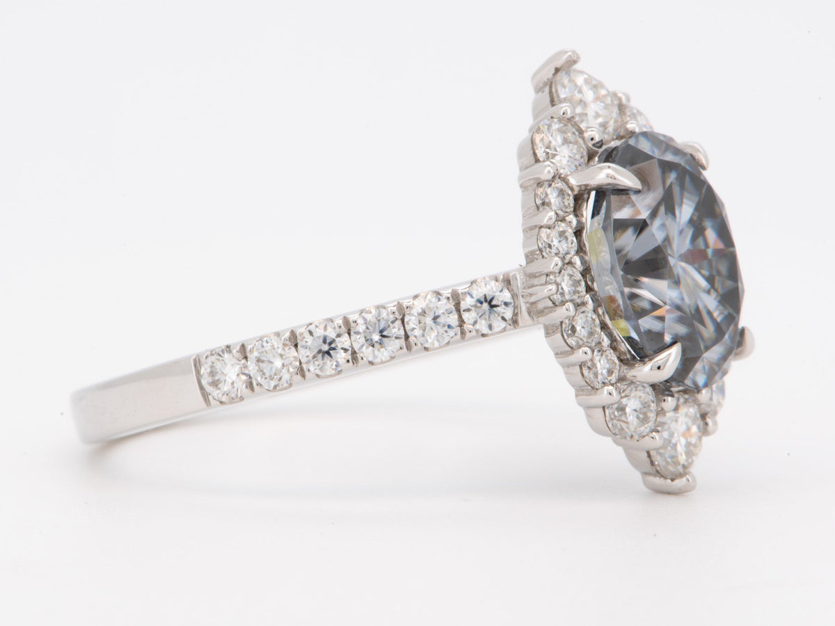 2.09ct Bluish Gray Moissanite Ring with Halo Engagement Ring 14K White Gold R6793 Aurora Designer
