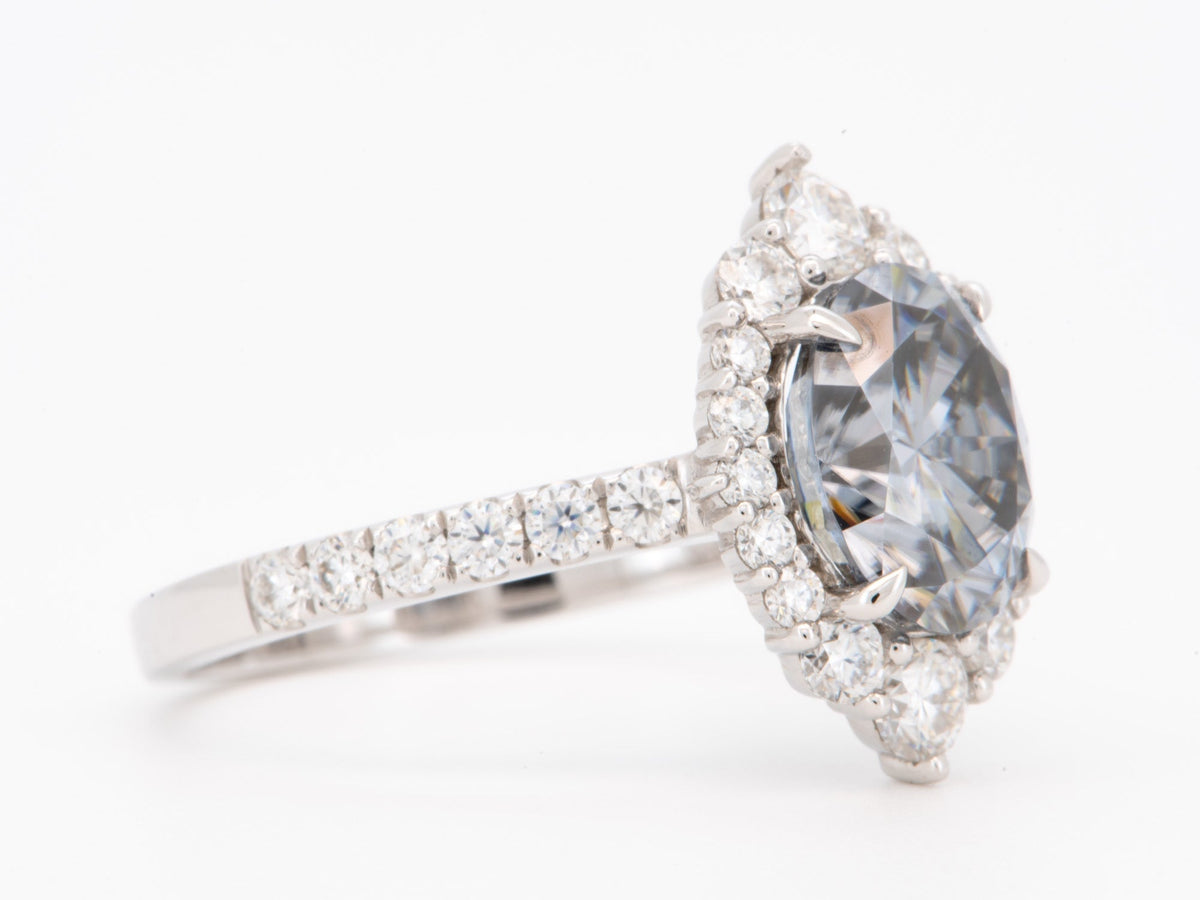2.09ct Bluish Gray Moissanite Ring with Halo Engagement Ring 14K White Gold R6793 Aurora Designer