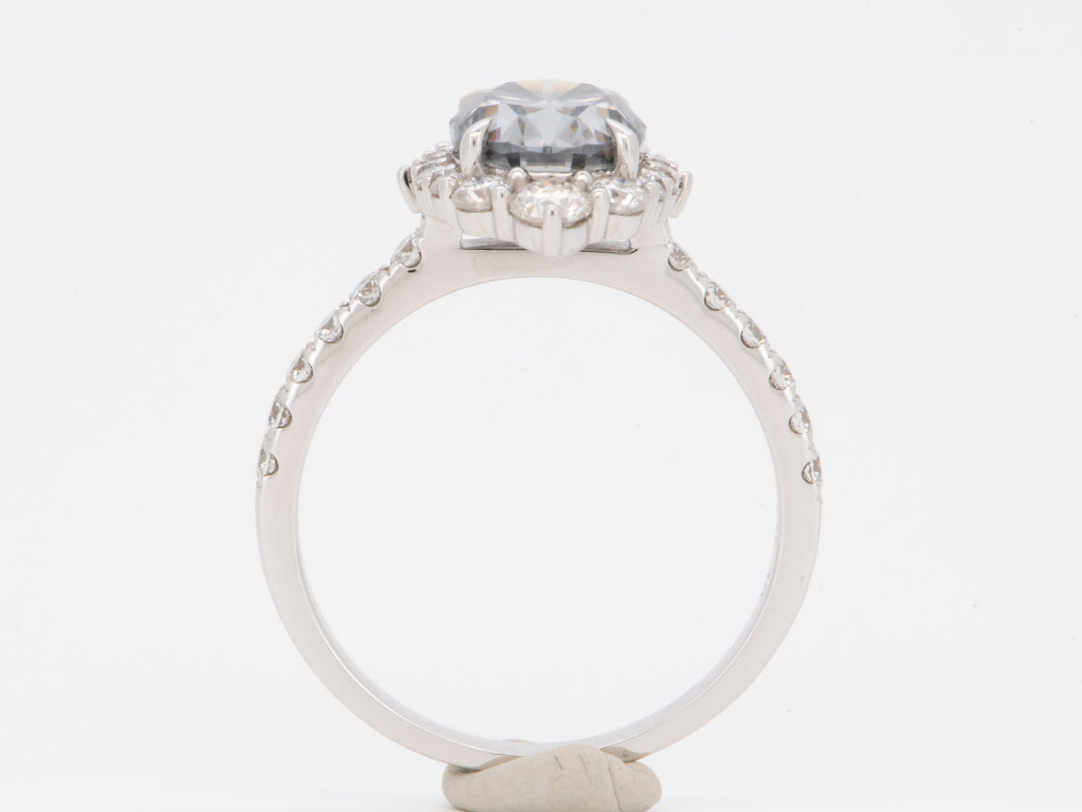 2.09ct Bluish Gray Moissanite Ring with Halo Engagement Ring 14K White Gold R6793 Aurora Designer