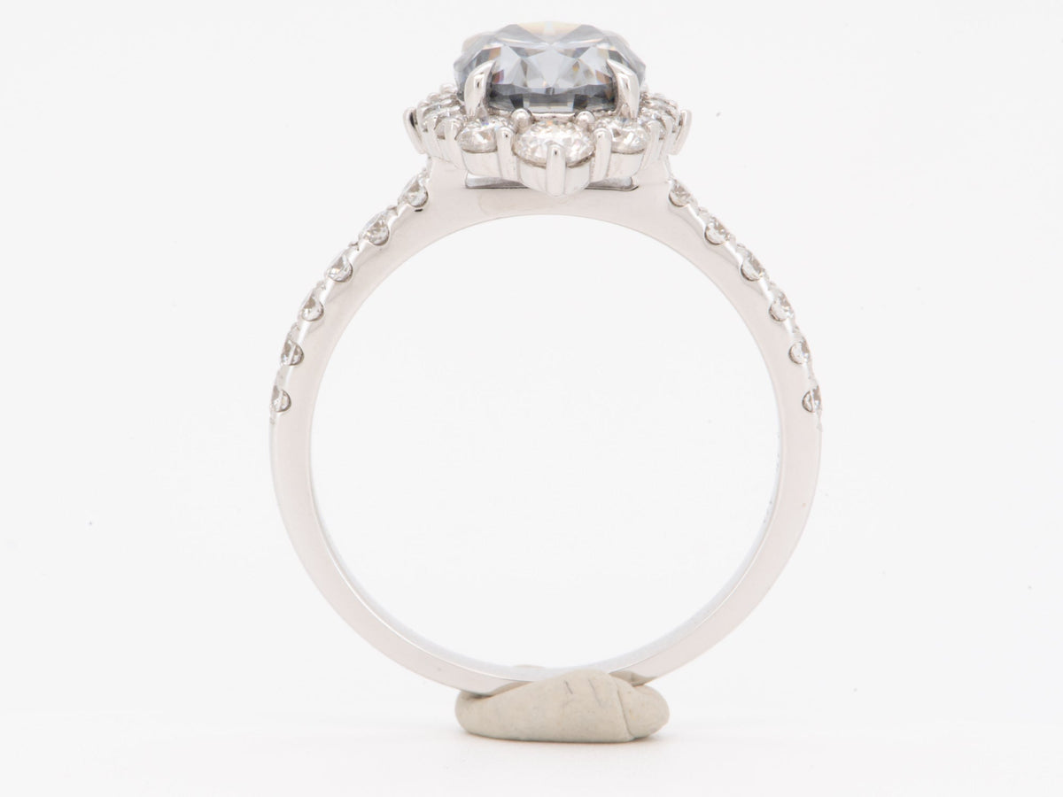 2.09ct Bluish Gray Moissanite Ring with Halo Engagement Ring 14K White Gold R6793 Aurora Designer