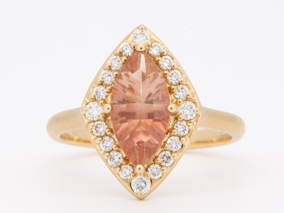 1.49ct Oregon Sunstone 14K Yellow Gold Engagement Ring with Natural Diamond Halo &amp; Matte Finish R6794 Aurora Designer