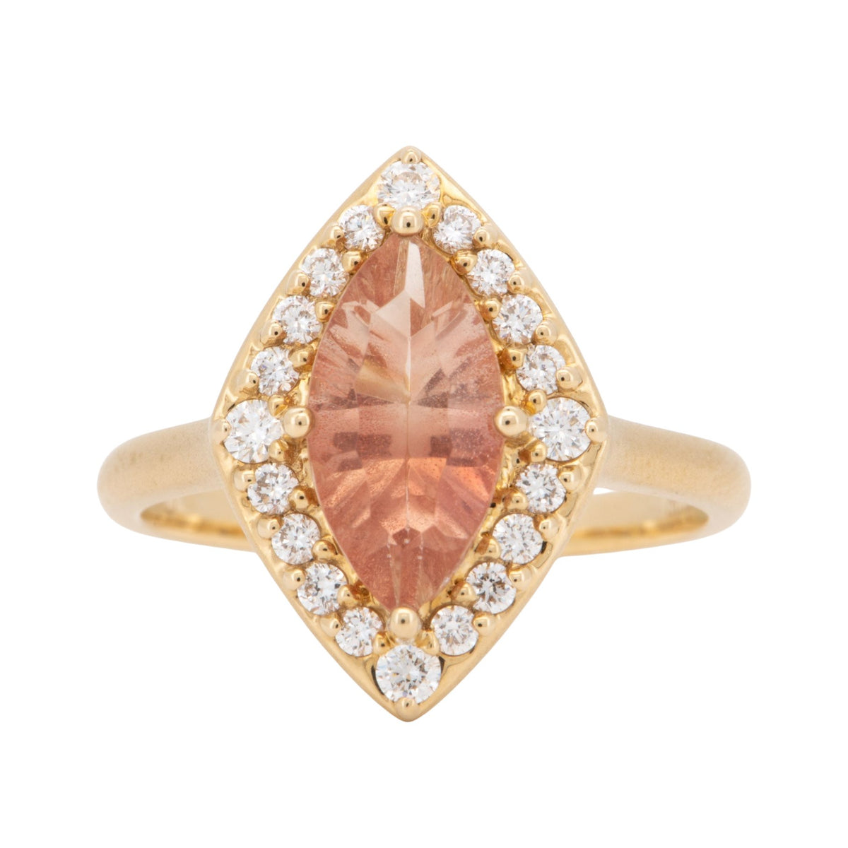 1.49ct Oregon Sunstone 14K Yellow Gold Engagement Ring with Natural Diamond Halo &amp; Matte Finish R6794 Aurora Designer